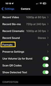 Screenshot of iPhone camera settings menu highlighting the Camera option